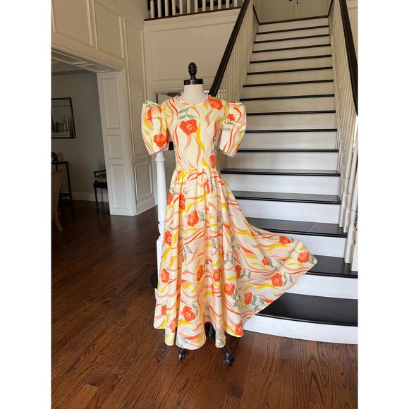 Vintage 80s does 30s 40s Orange Sherbet Coral Floral Maxi Dress Poof Sleeve - Picture 4 of 12